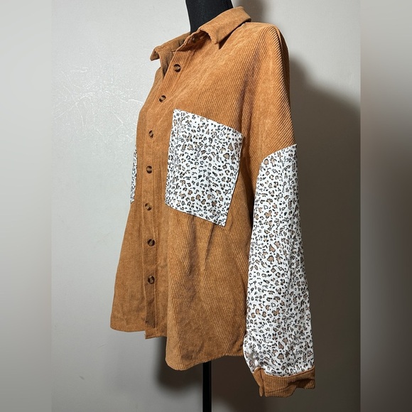Brown Corduroy Leopard Colorblock Shirt Shacket NWOT Size XL - Picture 2 of 6